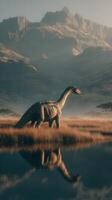 Dinosaur walking through misty landscape at dawn near a calm water body in a mountainous region photo