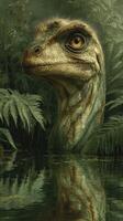 Dinosaur emerging from water surrounded by lush ferns in prehistoric environment photo