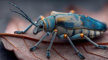 Vivid blue insect crawling on a leaf in a natural environment showcasing detailed textures and colors photo