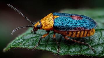 Intricate blue and orange beetle resting on a green leaf in a lush outdoor environment during the day photo