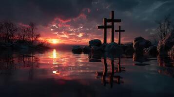 Sunset over water with crosses and reflections amid dramatic clouds and serene landscape photo