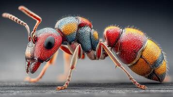 Close-up view of a colorful ant showcasing its vibrant colors and intricate details on a dark background photo