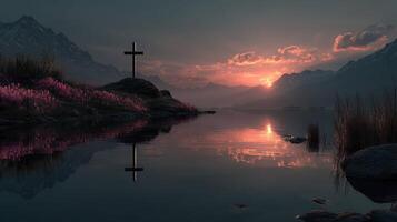 Sunset reflections over tranquil lake with cross silhouette amid mountains showcasing serene nature's beauty photo