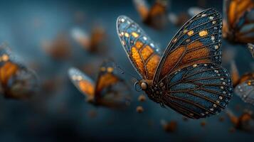 Colorful butterflies fluttering in an enchanting forest during twilight glow photo