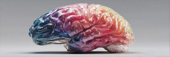Colorful 3D rendering of a brain showcasing intricate textures and vibrant hues in a neutral background setting photo