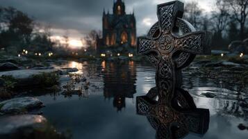 Celtic cross reflected in water near an ancient stone building during twilight photo
