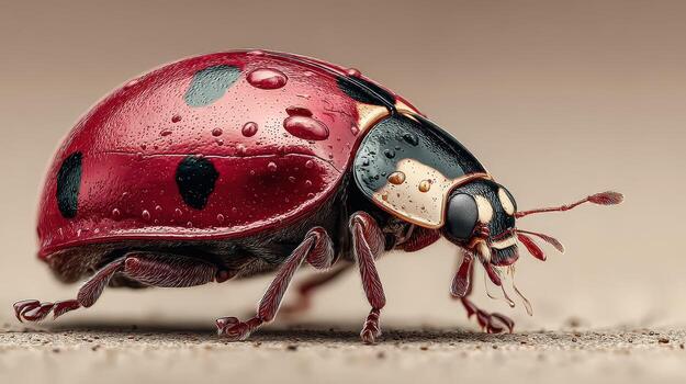 Ladybug with water droplets on its shell resting on a smooth surface captured in detailed close-up photo