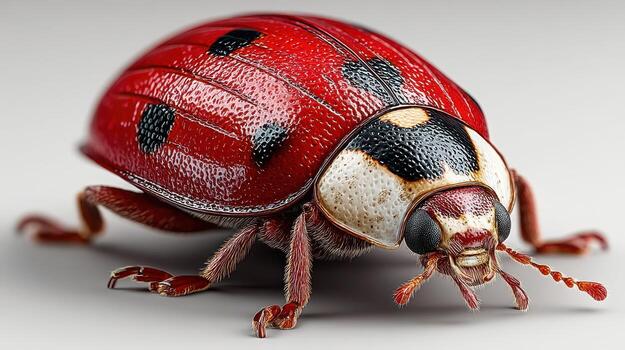 Close-up view of a vibrant red ladybug on a neutral background showcasing intricate details of its shell and features photo