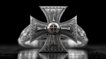 Silvery cross bracelet displayed on dark surface, showcasing intricate designs and historical significance in jewelry design photo