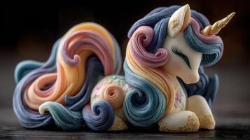 Colorful unicorn figurine with intricate details displayed on a dark surface in a cozy setting photo