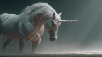 Majestic white unicorn standing in soft light with mist surrounding in a mystical setting photo