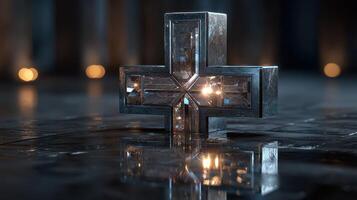Intricately designed metal cross illuminated by soft lights in a darkened room, showcasing reflections and details photo