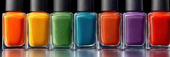 Vibrant collection of nail polish bottles arranged in a colorful spectrum on a reflective surface photo