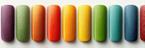 Colorful gradient of nail polish swatches displayed on a neutral background showcasing vibrant shades and textures photo