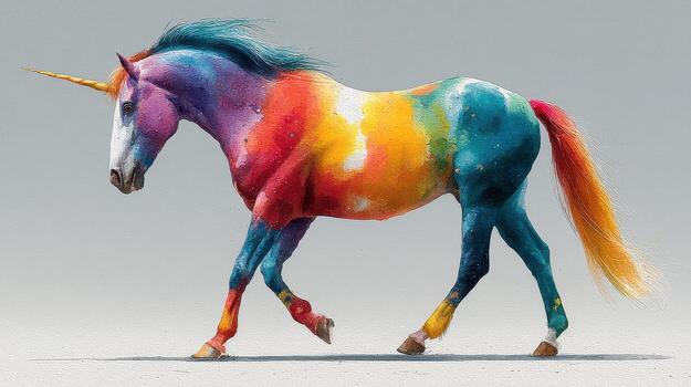 vibrante unicornio caminando graciosamente en contra un neutral antecedentes exhibiendo vistoso patrones y un reluciente cuerno foto