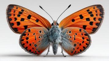 Vibrant butterfly displaying striking orange and black patterns in a natural pose photo