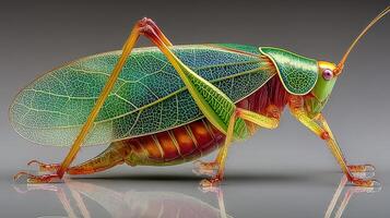 Colorful close-up of a grasshopper showcasing vibrant green and red colors against a neutral background photo