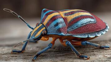 Colorful bug showcasing intricate patterns on wood in close-up shot during daylight hours photo
