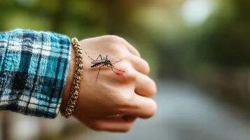 Mosquito bites person on wrist in outdoor setting during daylight hours photo