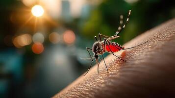 Close-up of a mosquito feeding on human skin at sunset, capturing the beauty of nature and the impact of insects on our lives photo