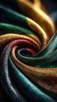 Intricate swirl of vibrant silk fabric showcasing deep green, rich gold, and bold red tones in an artistic twist photo