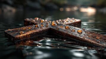 Wooden cross resting on calm water with droplets glistening during a serene morning photo