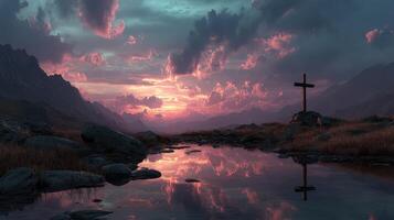 Majestic sunset over mountains with cross reflection in tranquil water showcasing nature's beauty photo