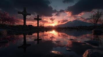 Sunset over tranquil lake with crosses reflecting on water near mountains photo