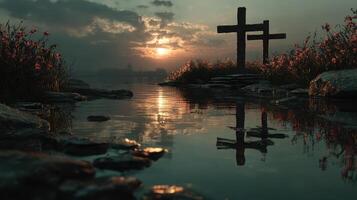 Sunset reflection by the water with crosses and flowers in a serene landscape photo