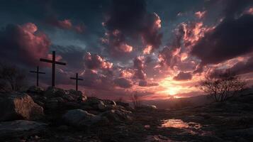 Dramatic sunset over three wooden crosses on a rocky hillside with clouds scattered across the sky photo