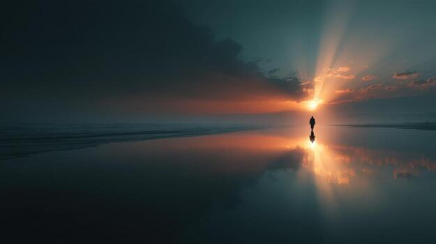 Sunset reflection at the beach with a lone figure walking along the shore during twilight hours photo