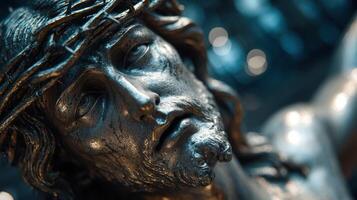 Intricate sculpture of Christ on the cross with detailed facial features captured in soft lighting photo