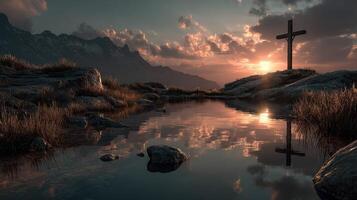 Sunset reflection at a serene mountain pond featuring a wooden cross photo