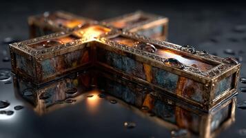 Intricately designed metal cross reflecting light on a wet surface with droplets photo