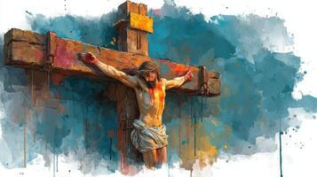 Crucifixion of Christ depicted in a vivid and emotional artistic representation with colorful background photo