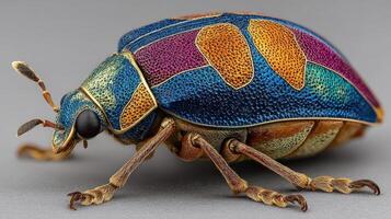 Colorful metallic beetle displaying vibrant patterns and intricate textures in macro view showcasing its natural beauty photo