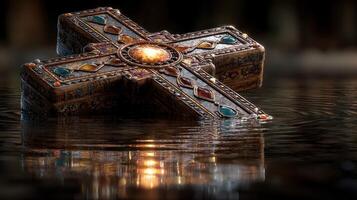 Unique ornate cross resting on still water reflecting soft light in a serene environment photo
