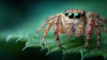 Detailed close-up of a jumping spider perched on a green leaf in a natural garden setting during daylight photo
