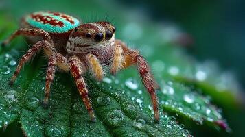 Close-up view of a colorful spider resting on a dewy green leaf with intricate details of its fur and eyes photo