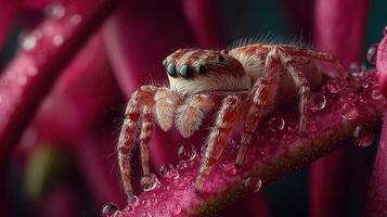 Close-up view of a spider resting on a vibrant leaf with water droplets in a lush garden setting photo
