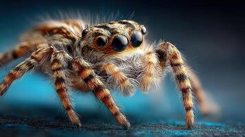 Close-up view of a colorful jumping spider showcasing its unique features and patterns in a natural habitat during daylight hours photo
