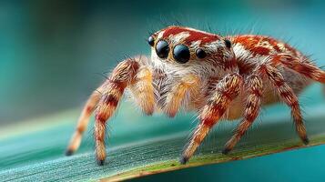 Close-up view of a red and white striped spider resting on a green leaf in a natural setting photo