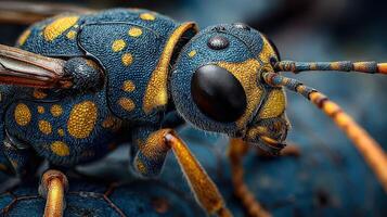 Close-up view of a vibrant blue insect with yellow spots on a blurred dark background showcasing intricate details photo