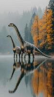 Dinosaurs standing beside a tranquil lake surrounded by autumn trees in a misty landscape photo