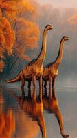 Two dinosaurs standing by a tranquil lake during autumn with vibrant orange foliage reflecting on the water photo