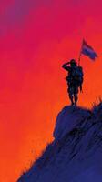Soldier saluting patriotically at sunset on a rugged cliff with vibrant colors in the sky photo
