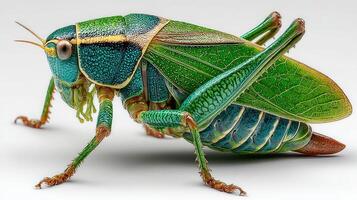 Colorful grasshopper displaying vibrant details on a simple background while perched in a natural pose photo