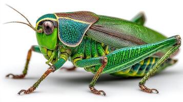 Vibrant green grasshopper resting on a surface during daylight showcasing its detailed physical features photo