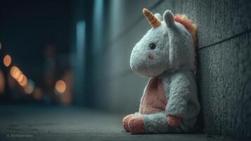 Lonely stuffed unicorn sitting against a wall in a dimly lit urban street at night with blurred city lights in the background photo