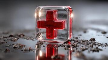 Red cross symbol encased in clear glass on a dark reflective surface showcasing healthcare and emergency assistance photo